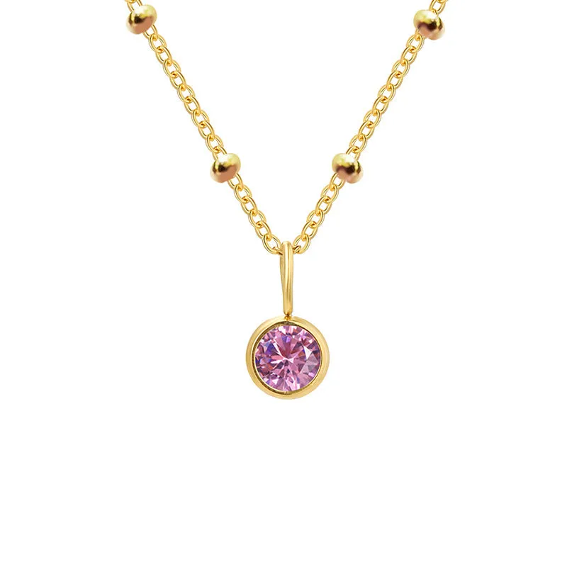 Stainless steel birthstone necklace with round pendant and ball bead chain in multiple colour options