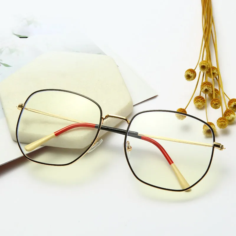 Fashion polygonal metal frame glasses with PC lenses in black frame white film colour option