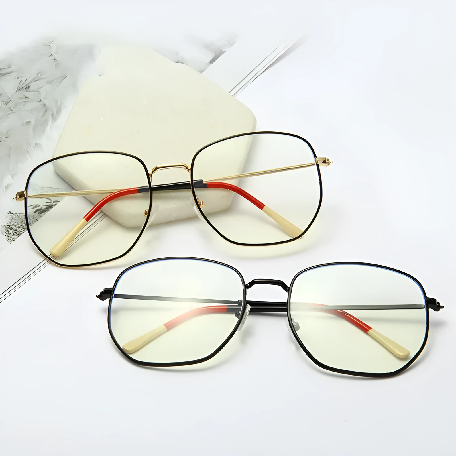 Fashion polygonal metal frame glasses with PC lenses in black frame white film colour option