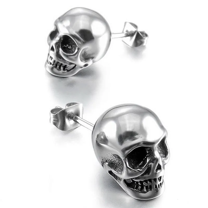 Small punk skull stud earrings in white copper with black colour, push-back closure