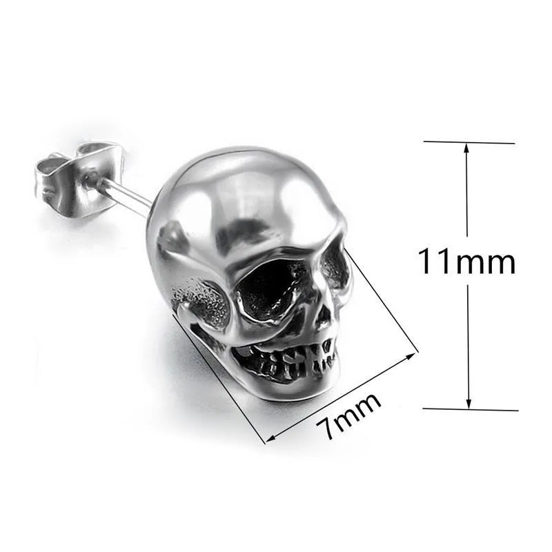 Small punk skull stud earrings in white copper with black colour, push-back closure