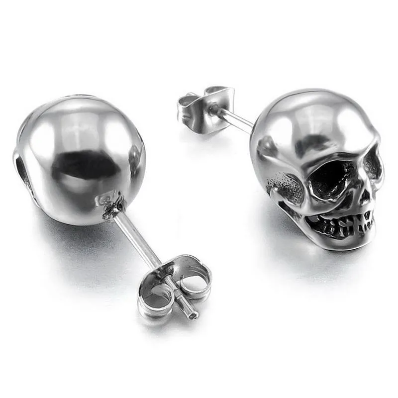 Small punk skull stud earrings in white copper with black colour, push-back closure