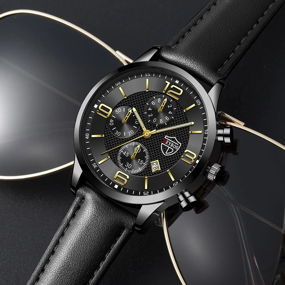 Men's calendar quartz watch with round alloy case, mineral glass mirror, black dial, and black strap