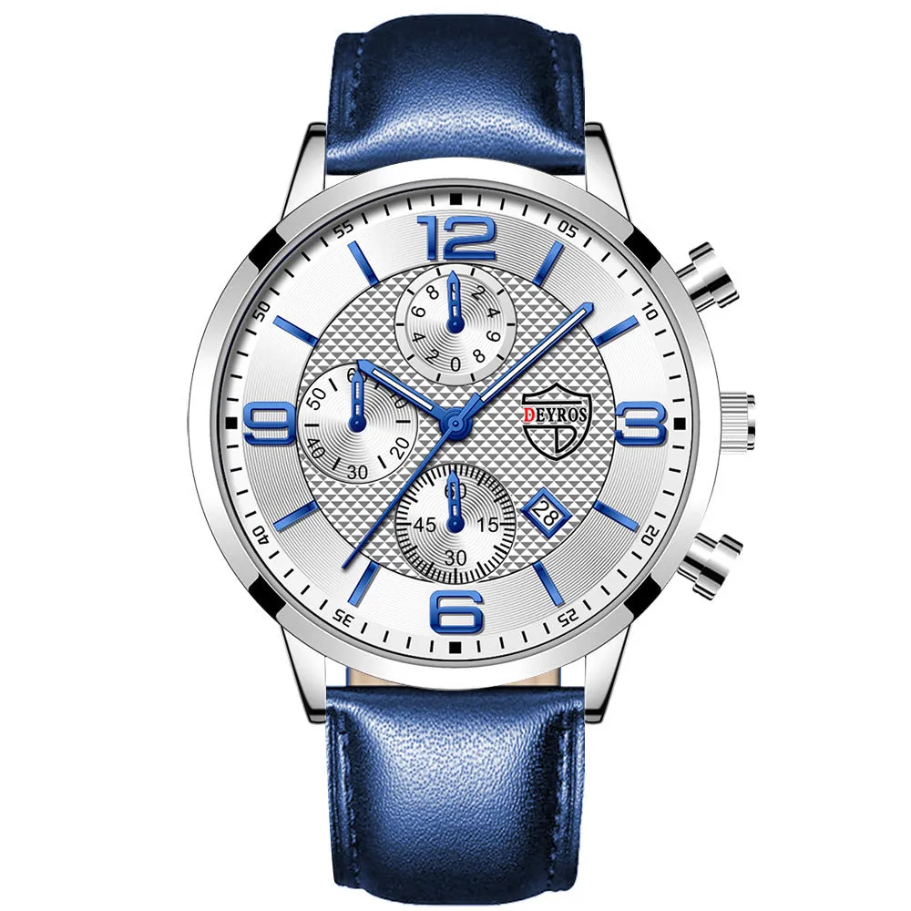 Men's calendar quartz watch with round alloy case, mineral glass mirror, black dial, and black strap