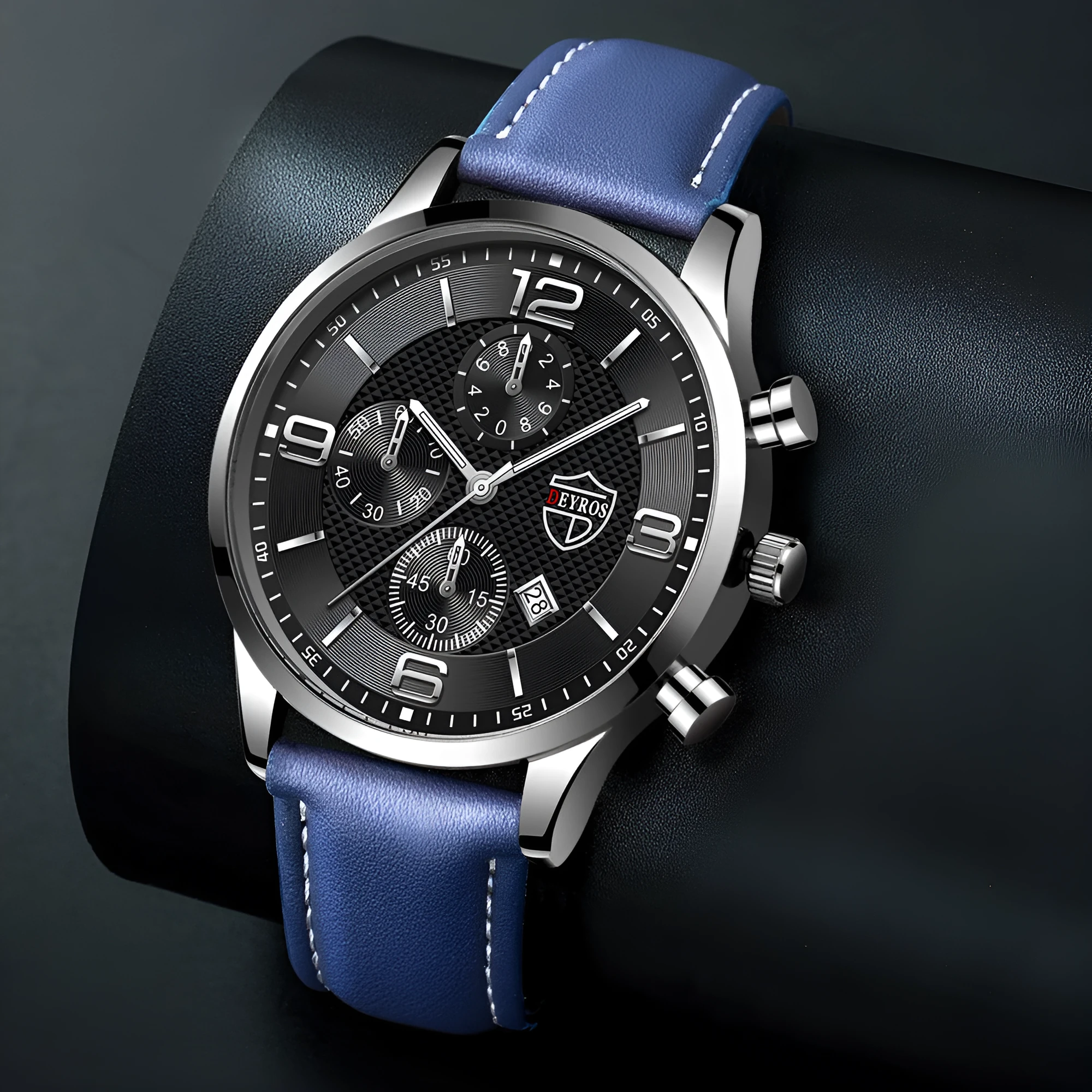 Men's calendar quartz watch with round alloy case, mineral glass mirror, black dial, and black strap