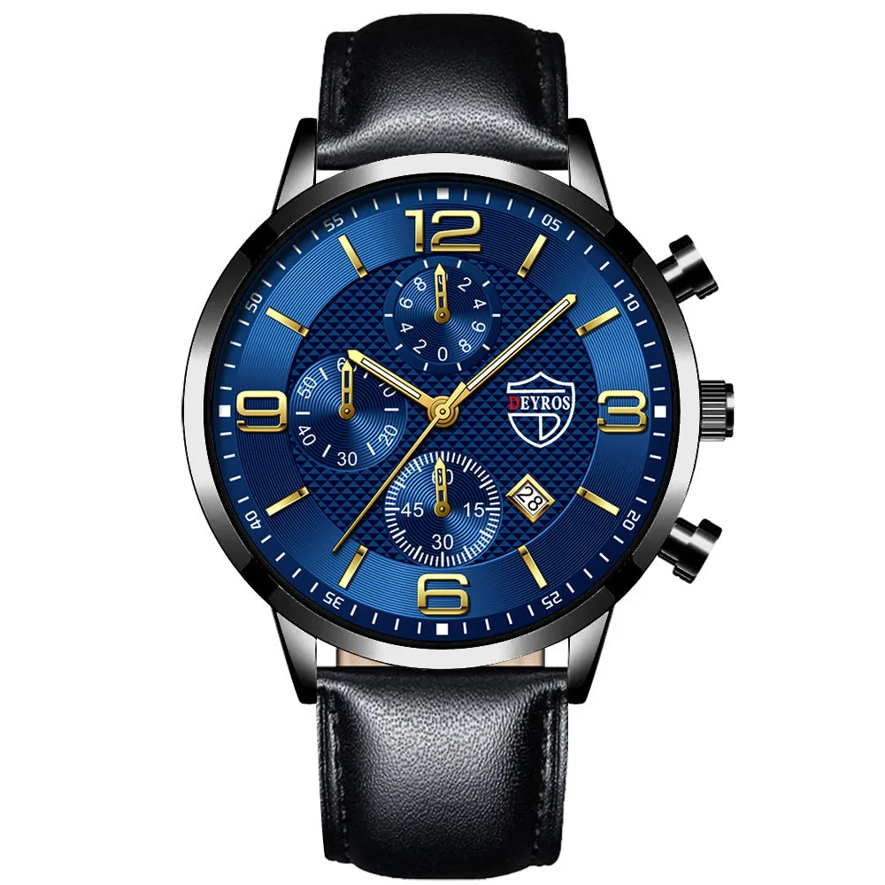 Men's calendar quartz watch with round alloy case, mineral glass mirror, black dial, and black strap