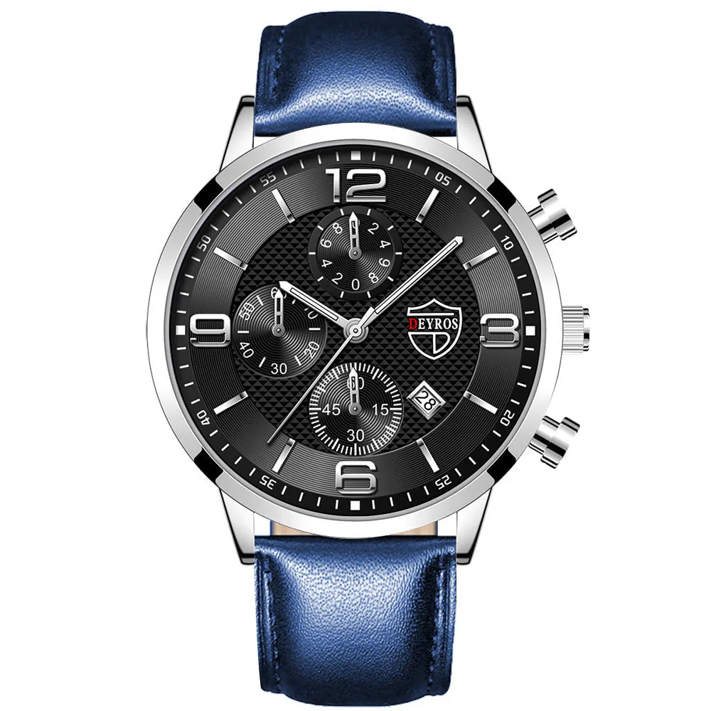 Men's calendar quartz watch with round alloy case, mineral glass mirror, black dial, and black strap