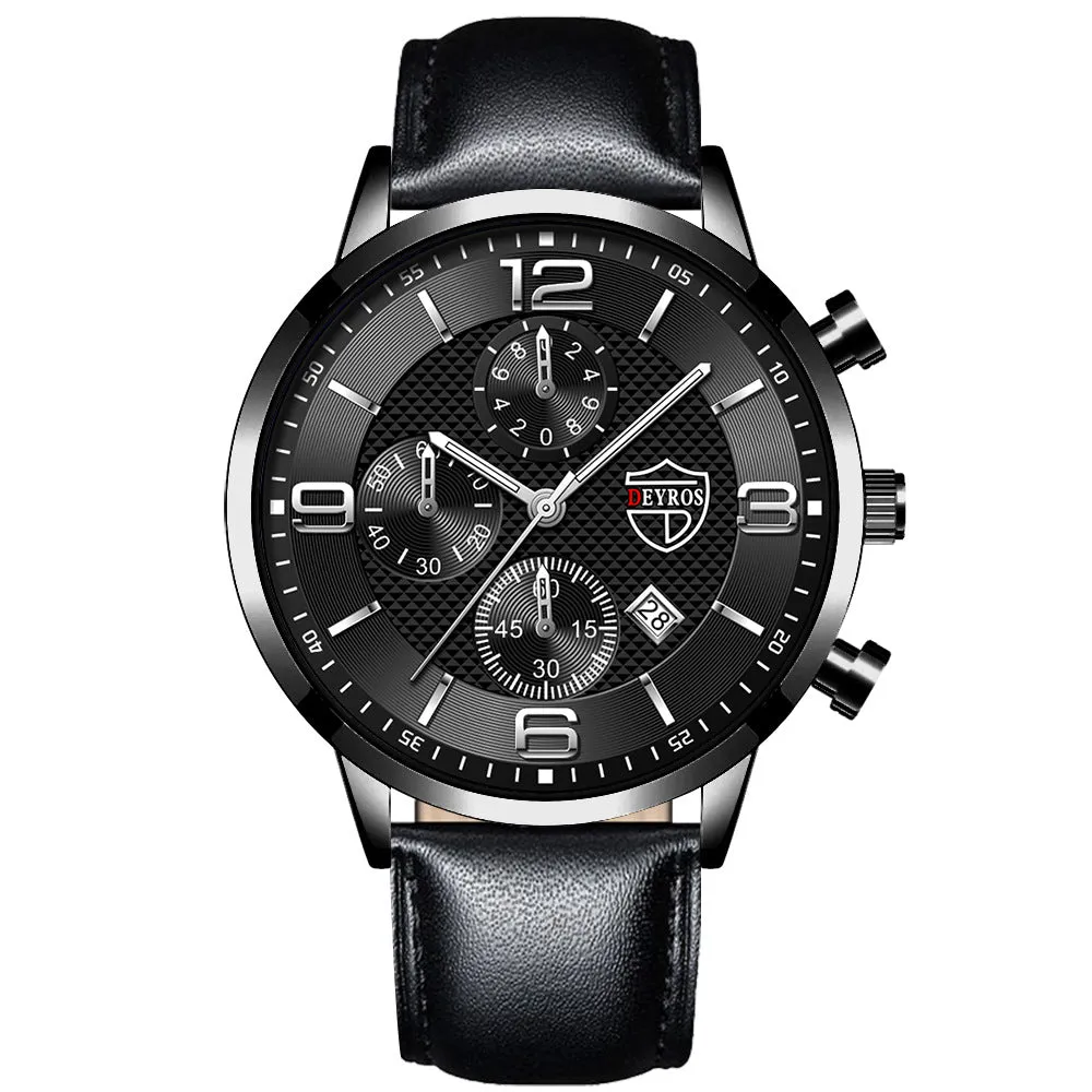 Men's calendar quartz watch with round alloy case, mineral glass mirror, black dial, and black strap