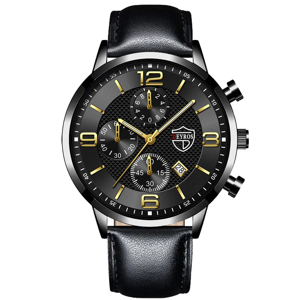 Men's calendar quartz watch with round alloy case, mineral glass mirror, black dial, and black strap