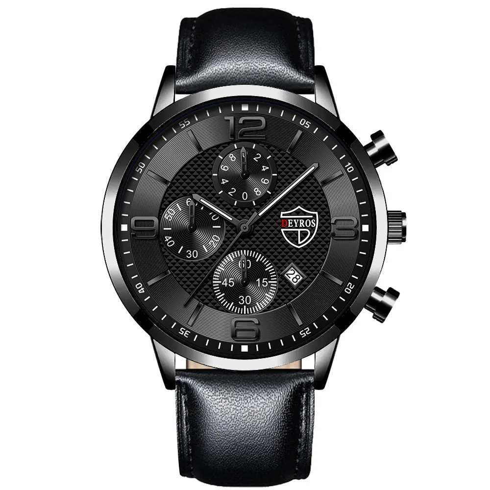 Men's calendar quartz watch with round alloy case, mineral glass mirror, black dial, and black strap