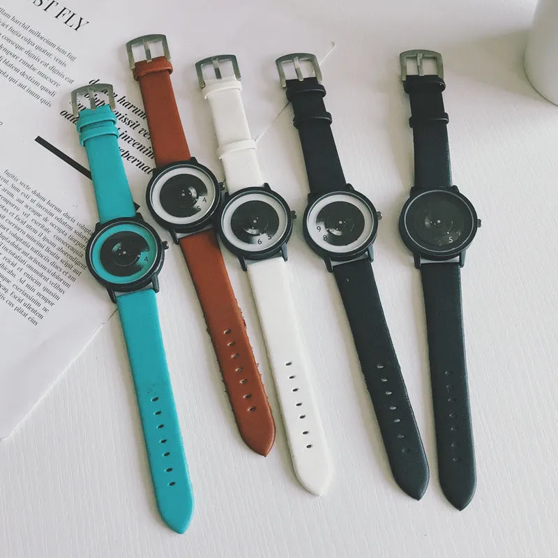 Casual unisex handless watch with pointer display, round dial, alloy case, and imitation leather strap on wrist