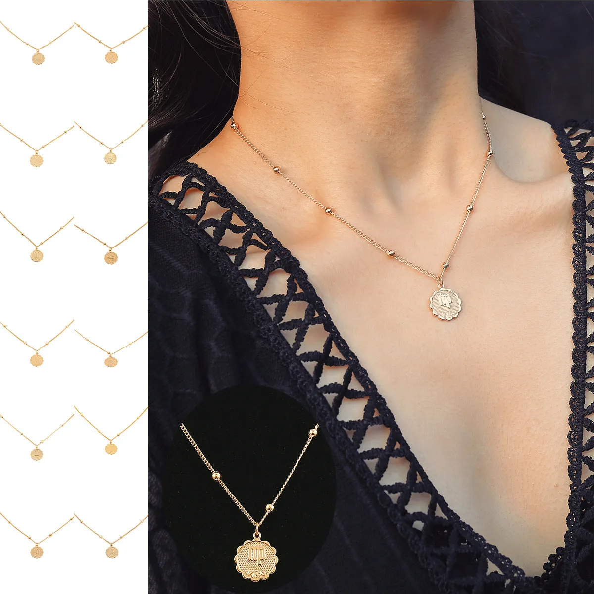 Gold plated metal zodiac constellation pendant necklace with bead chain on white background