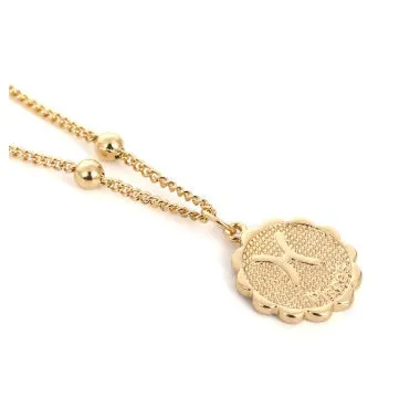 Gold plated metal zodiac constellation pendant necklace with bead chain on white background