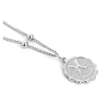 Gold plated metal zodiac constellation pendant necklace with bead chain on white background