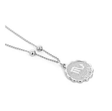 Gold plated metal zodiac constellation pendant necklace with bead chain on white background