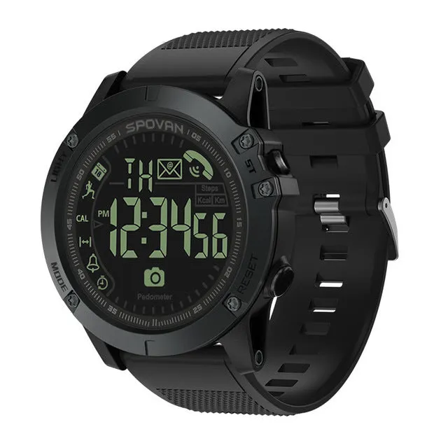 Fitness sports waterproof round electronic watch with step counter and PU strap on wrist, black colour