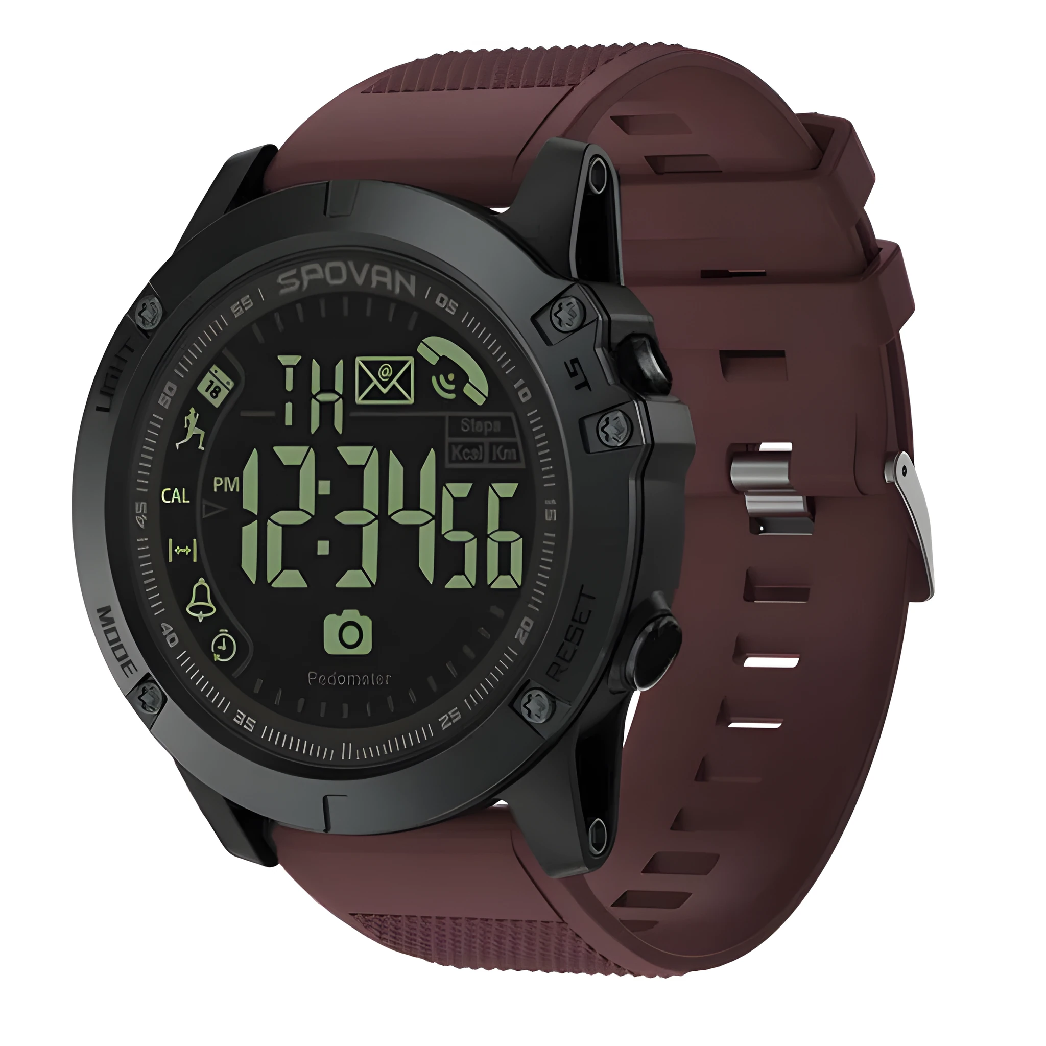 Fitness sports waterproof round electronic watch with step counter and PU strap on wrist, black colour