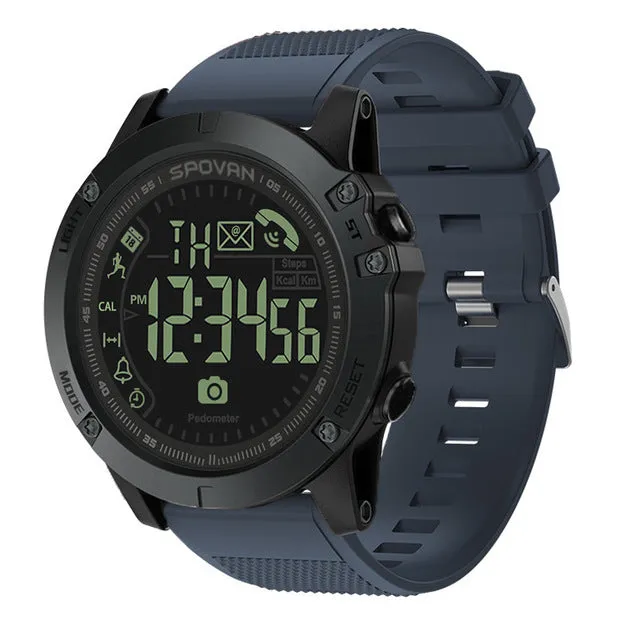 Fitness sports waterproof round electronic watch with step counter and PU strap on wrist, black colour