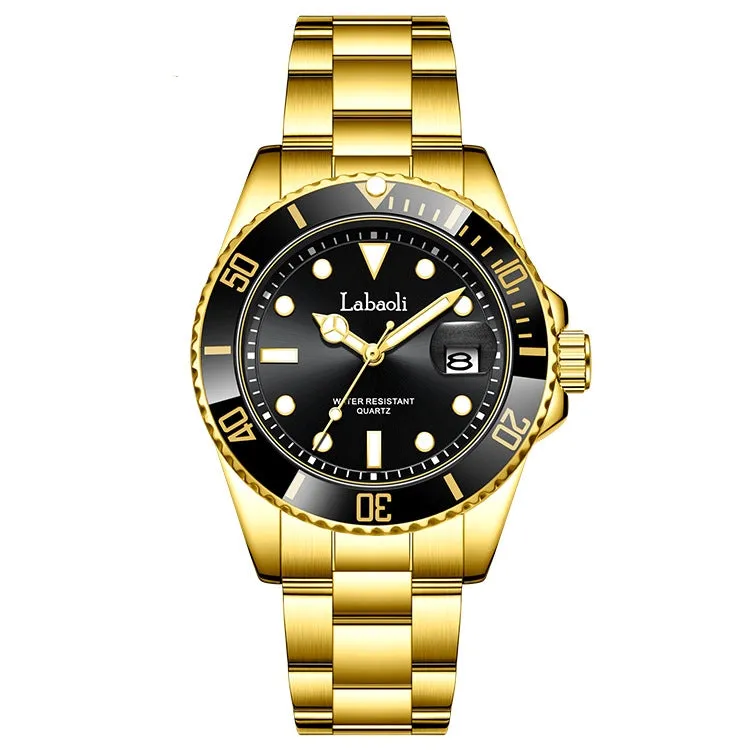 Men's waterproof quartz watch with 14mm thickness, business style, available in black and gold shell colour options