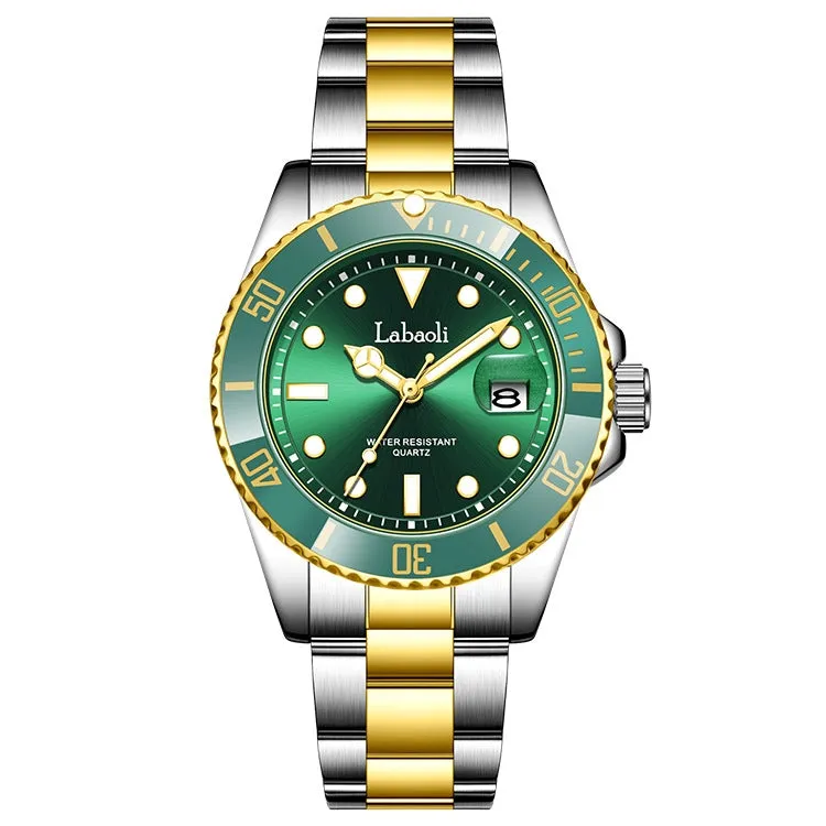 Men's waterproof quartz watch with 14mm thickness, business style, available in black and gold shell colour options