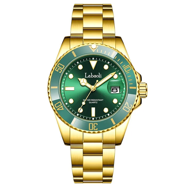 Men's waterproof quartz watch with 14mm thickness, business style, available in black and gold shell colour options