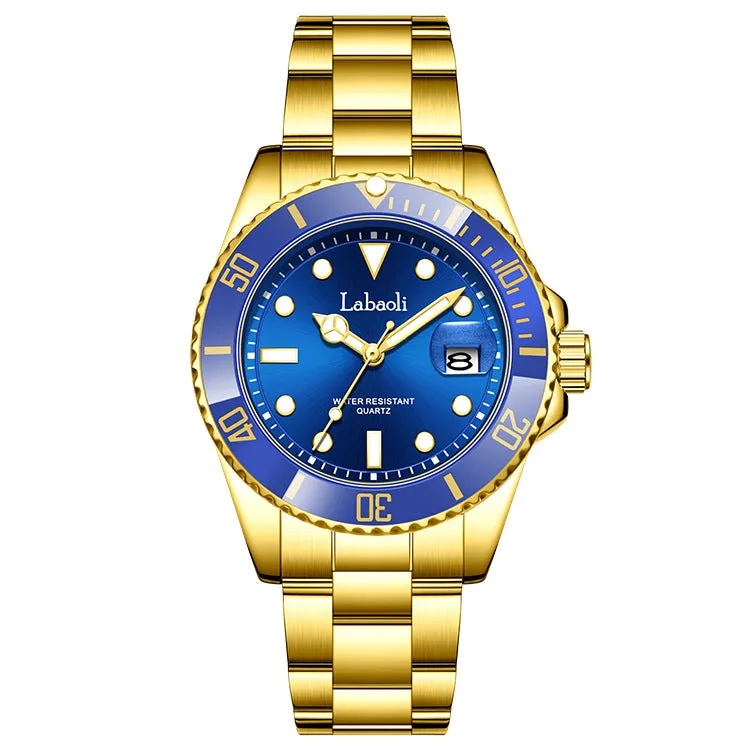 Men's waterproof quartz watch with 14mm thickness, business style, available in black and gold shell colour options