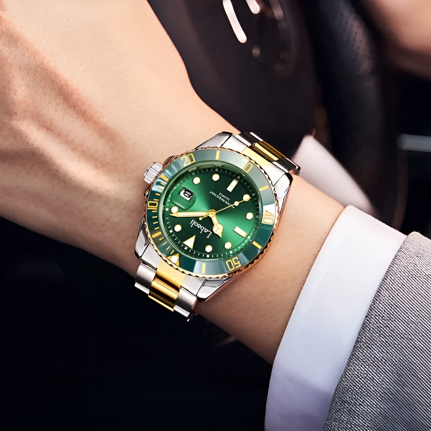Men's waterproof quartz watch with 14mm thickness, business style, available in black and gold shell colour options