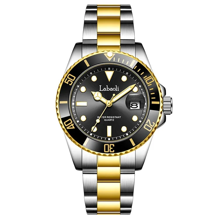 Men's waterproof quartz watch with 14mm thickness, business style, available in black and gold shell colour options