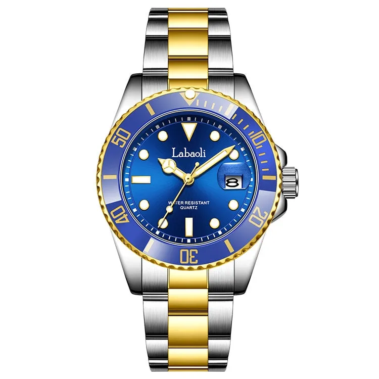 Men's waterproof quartz watch with 14mm thickness, business style, available in black and gold shell colour options
