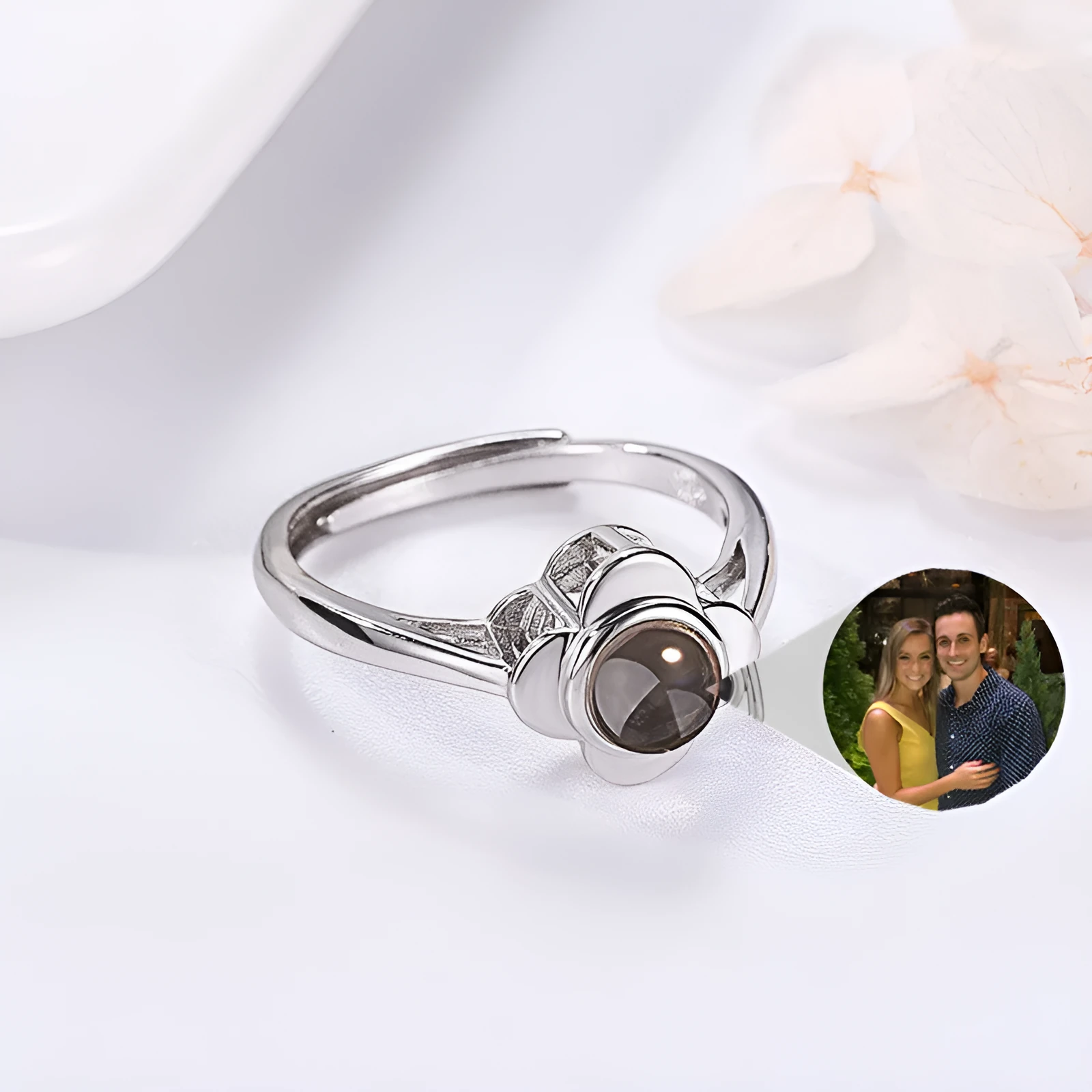 925 sterling silver adjustable projection ring with flower shape design and love stone projection feature