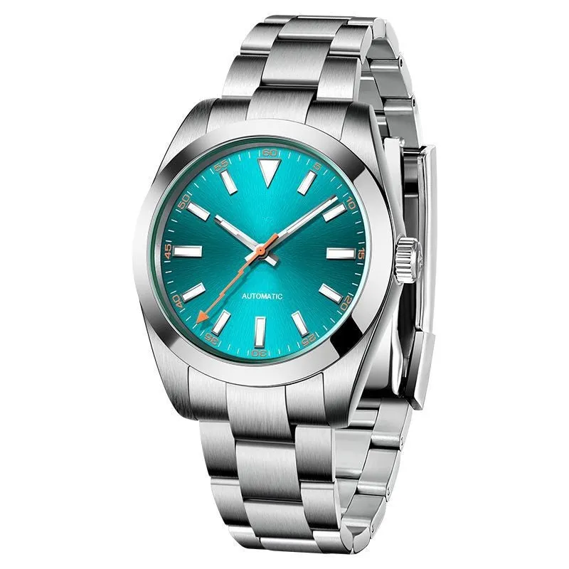 Precision steel men's mechanical watch with black dial, steel bracelet, sapphire crystal mirror, 100m waterproof