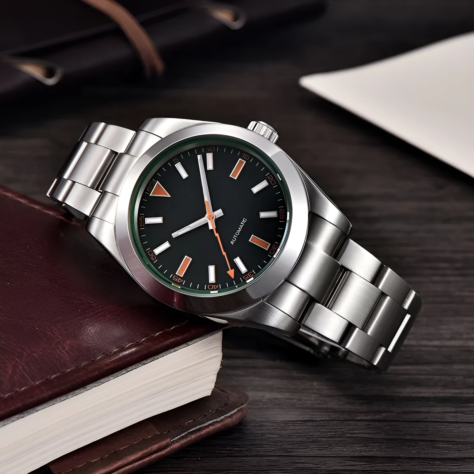 Precision steel men's mechanical watch with black dial, steel bracelet, sapphire crystal mirror, 100m waterproof