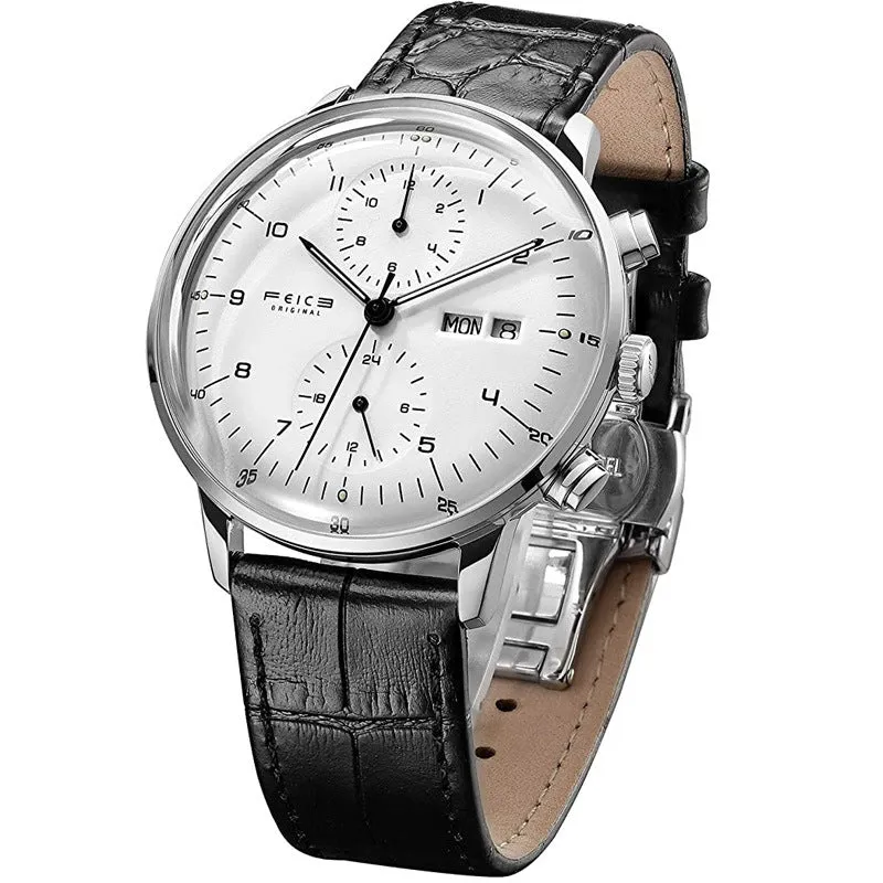 FM121 automatic mechanical watch silver case white dial black belt luminous hands 42mm