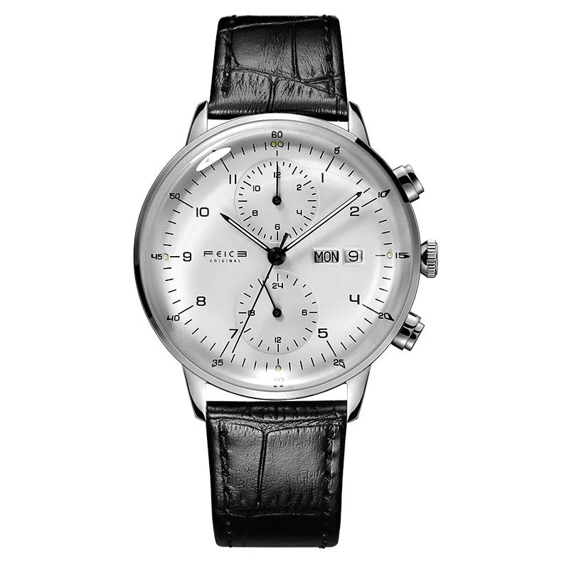 FM121 automatic mechanical watch silver case white dial black belt luminous hands 42mm