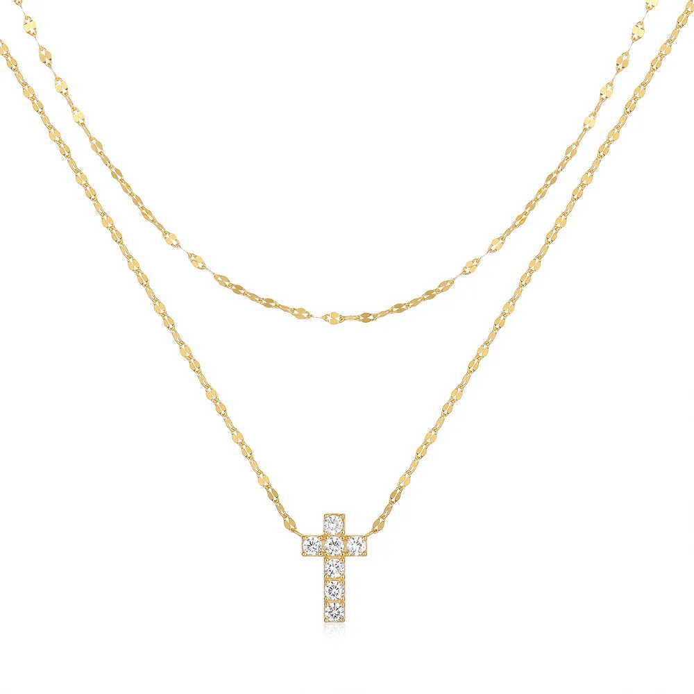 S925 sterling silver double-layer twin diamond cross pendant necklace on a delicate clavicle chain.