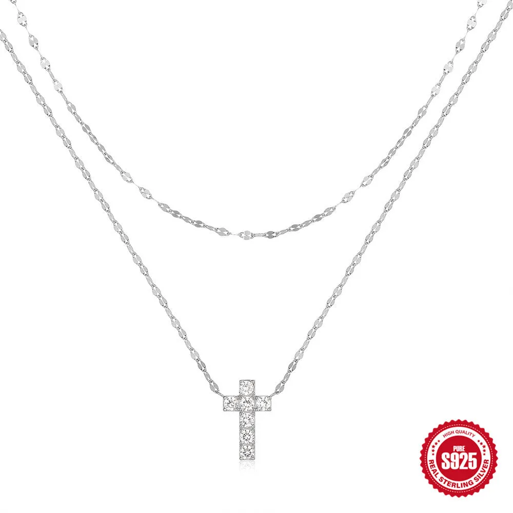 S925 sterling silver double-layer twin diamond cross pendant necklace on a delicate clavicle chain.