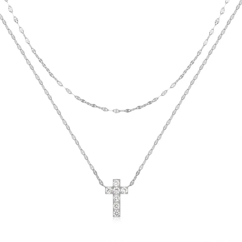 S925 sterling silver double-layer twin diamond cross pendant necklace on a delicate clavicle chain.