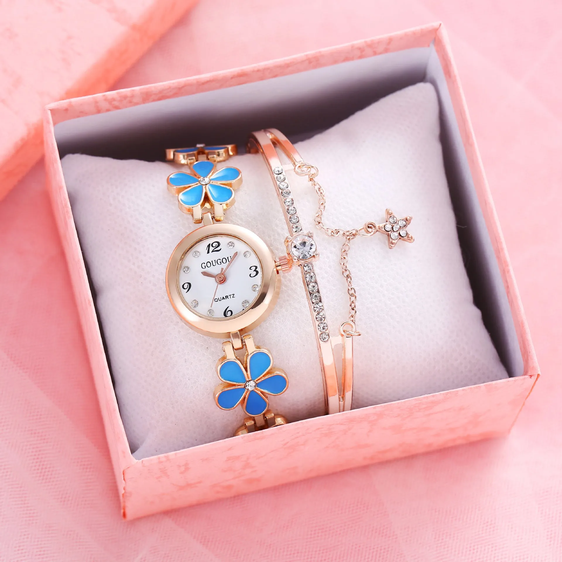 Ladies petal patterned quartz watch with alloy case and matching bracelet in white colour option