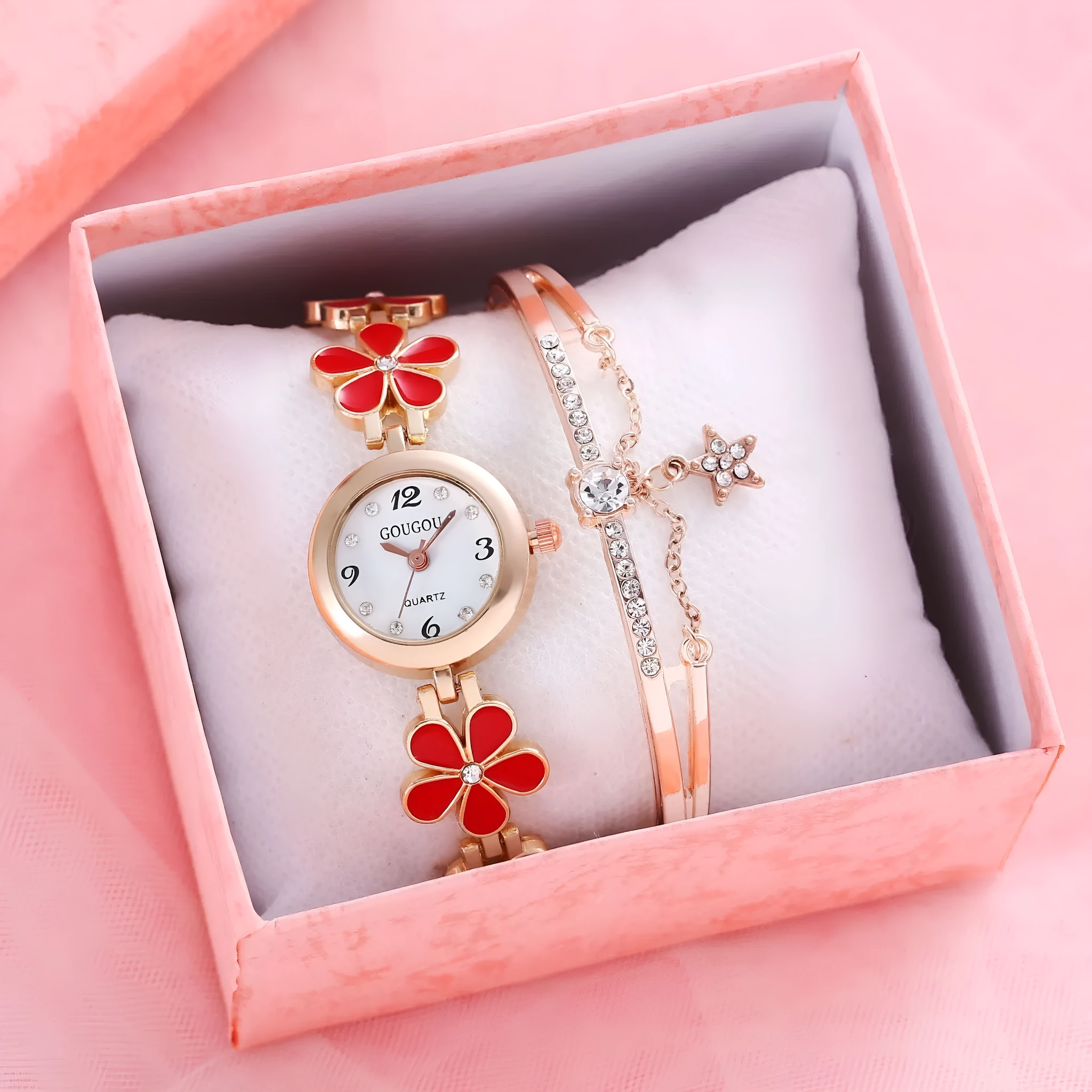 Ladies petal patterned quartz watch with alloy case and matching bracelet in white colour option