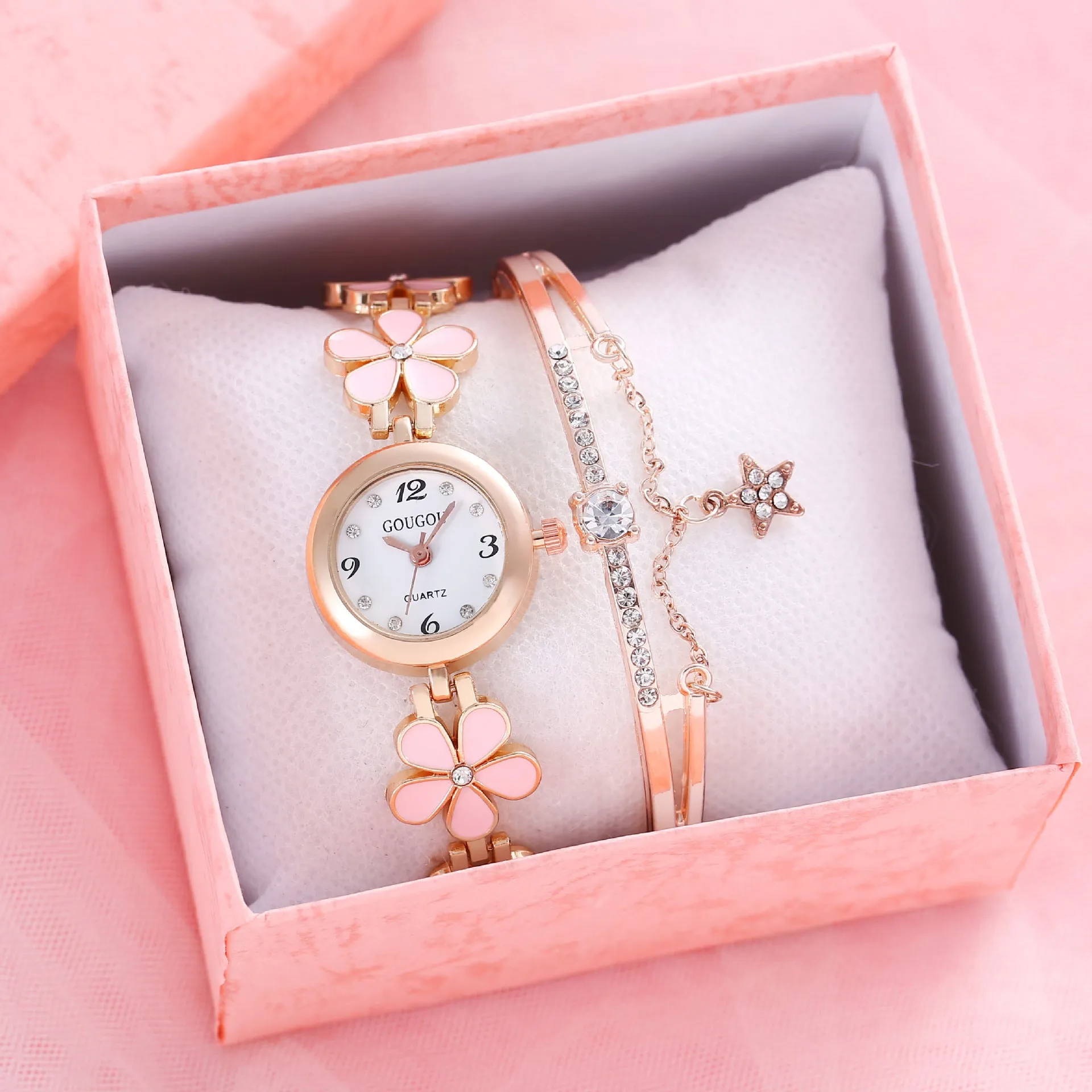 Ladies petal patterned quartz watch with alloy case and matching bracelet in white colour option