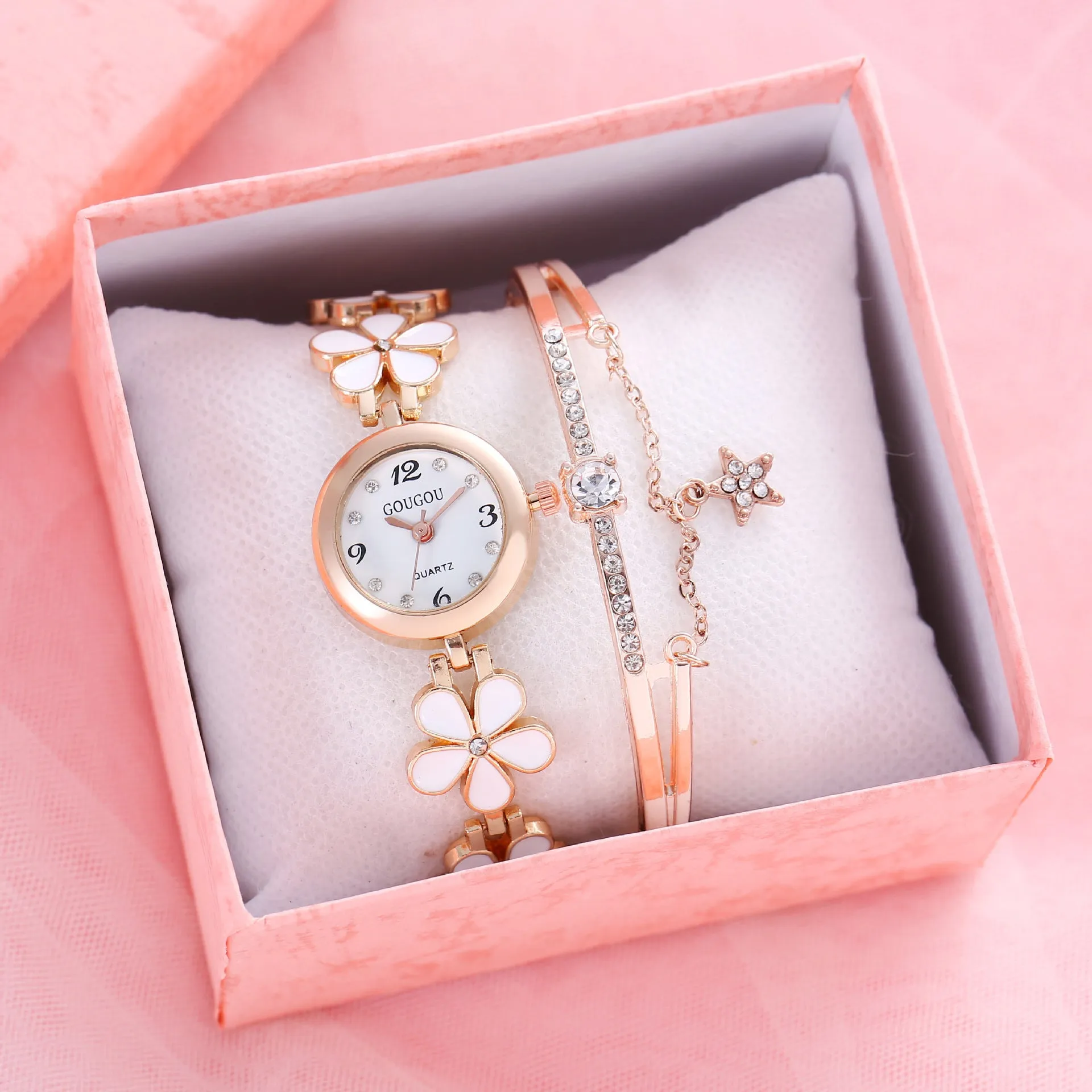 Ladies petal patterned quartz watch with alloy case and matching bracelet in white colour option