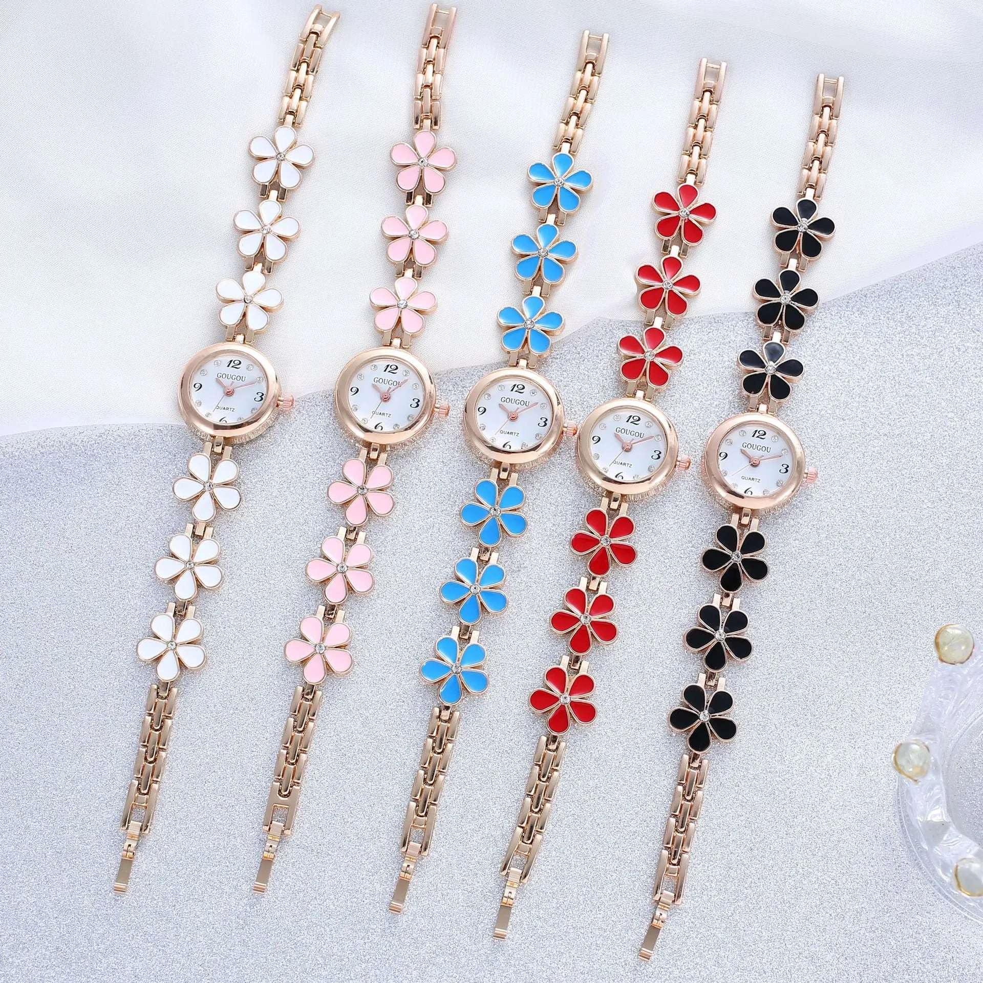 Ladies petal patterned quartz watch with alloy case and matching bracelet in white colour option