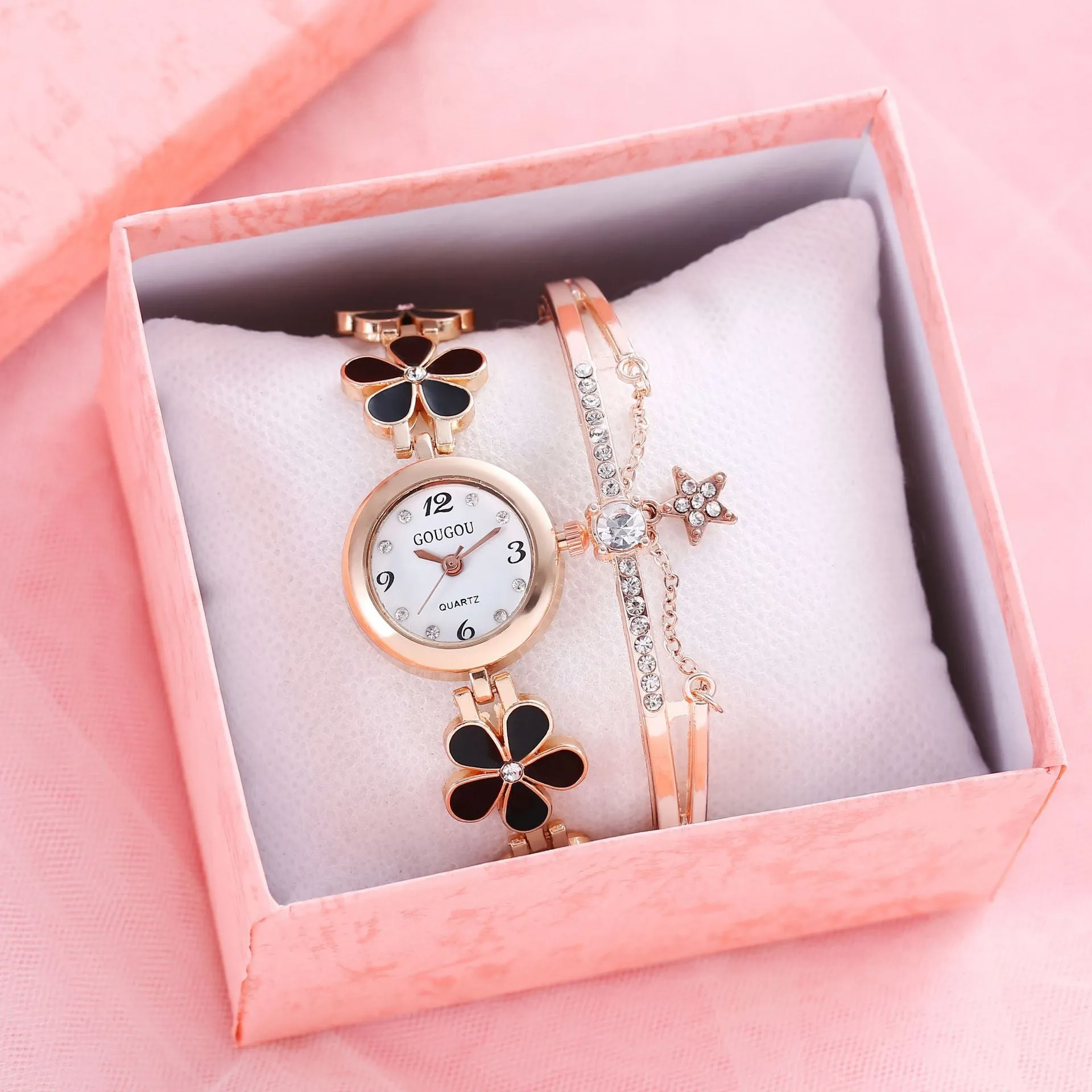 Ladies petal patterned quartz watch with alloy case and matching bracelet in white colour option