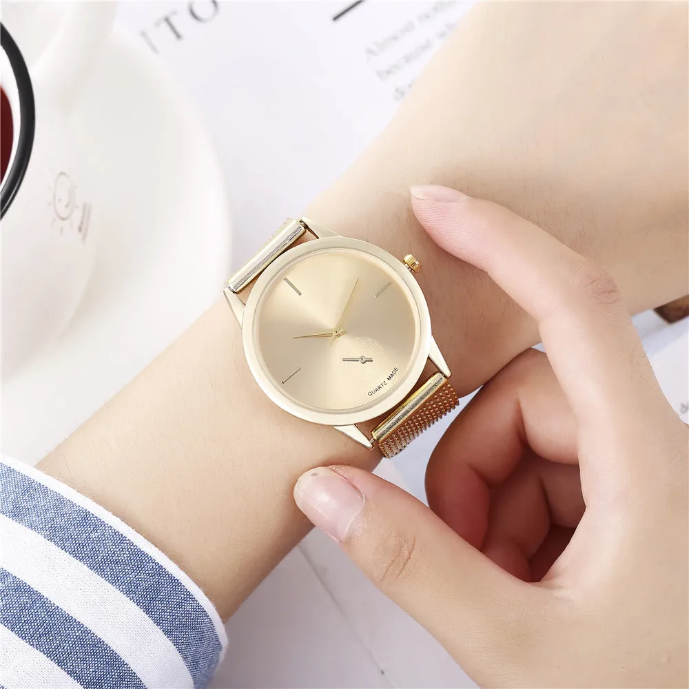 Women's creative plastic mesh quartz watch with round alloy case and pin buckle, available in four colours