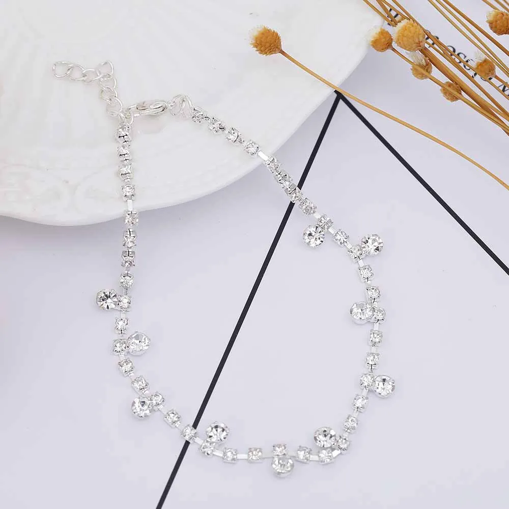 Women's silver alloy water drop tassel anklet with adjustable chain and artificial gem inlay