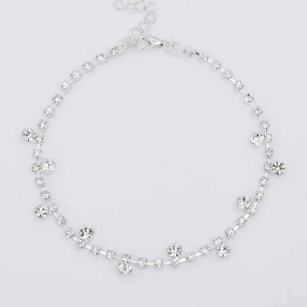 Women's silver alloy water drop tassel anklet with adjustable chain and artificial gem inlay