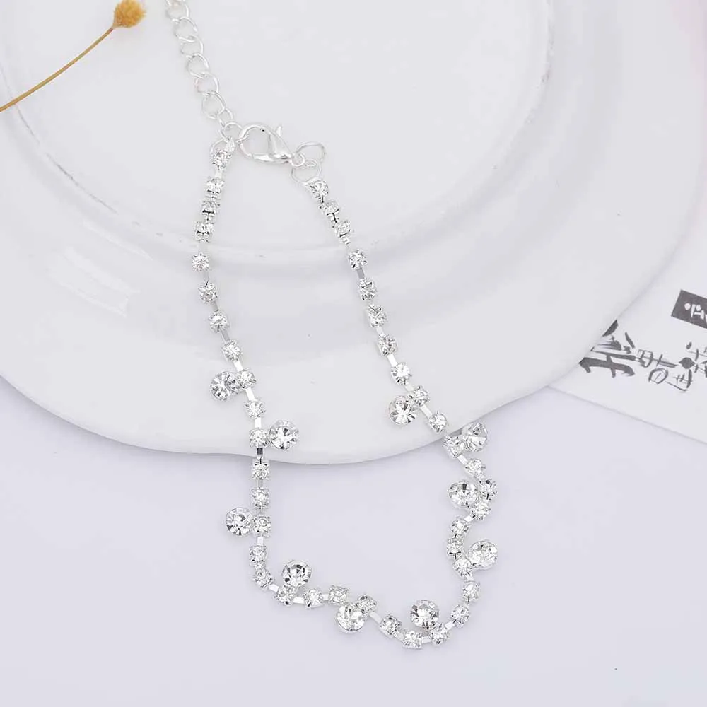 Women's silver alloy water drop tassel anklet with adjustable chain and artificial gem inlay