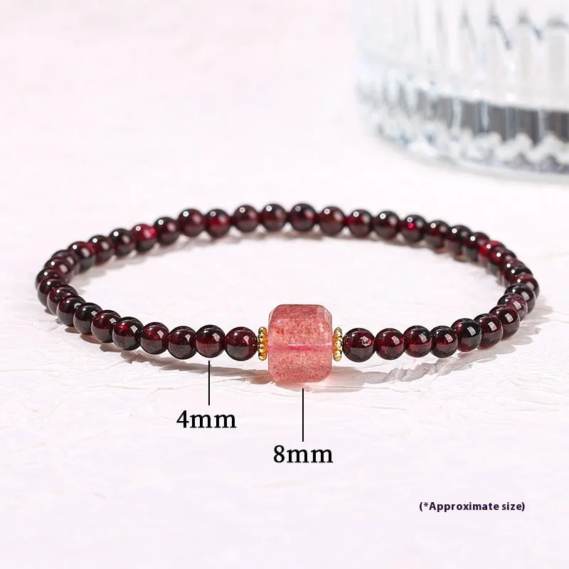 Geometric square garnet bracelet with carved purple pixiu charm on wrist
