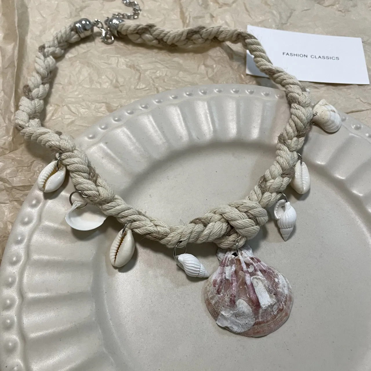 Shell pendant braided rope necklace on collarbone chain, electroplated finish, adjustable 51-60cm circumference