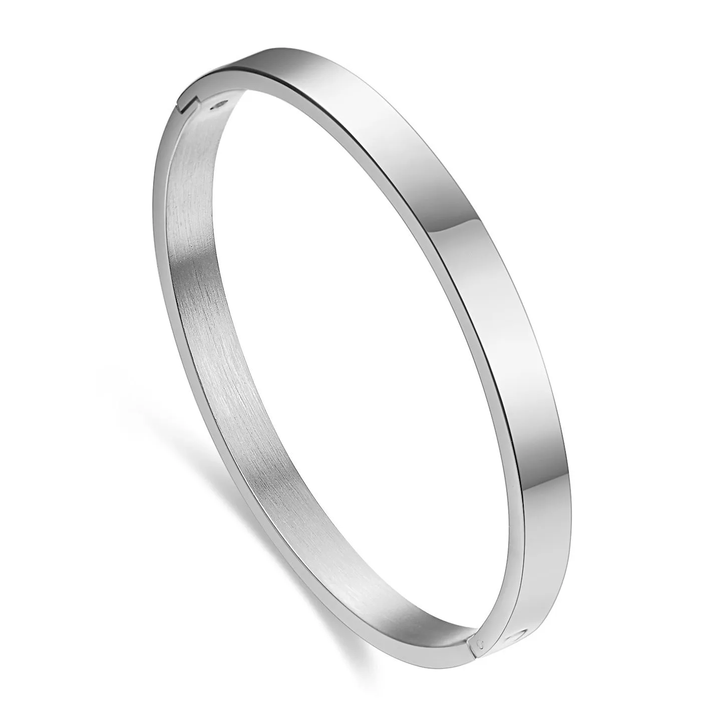 Polished stainless steel snap bracelet with oval links on plain background